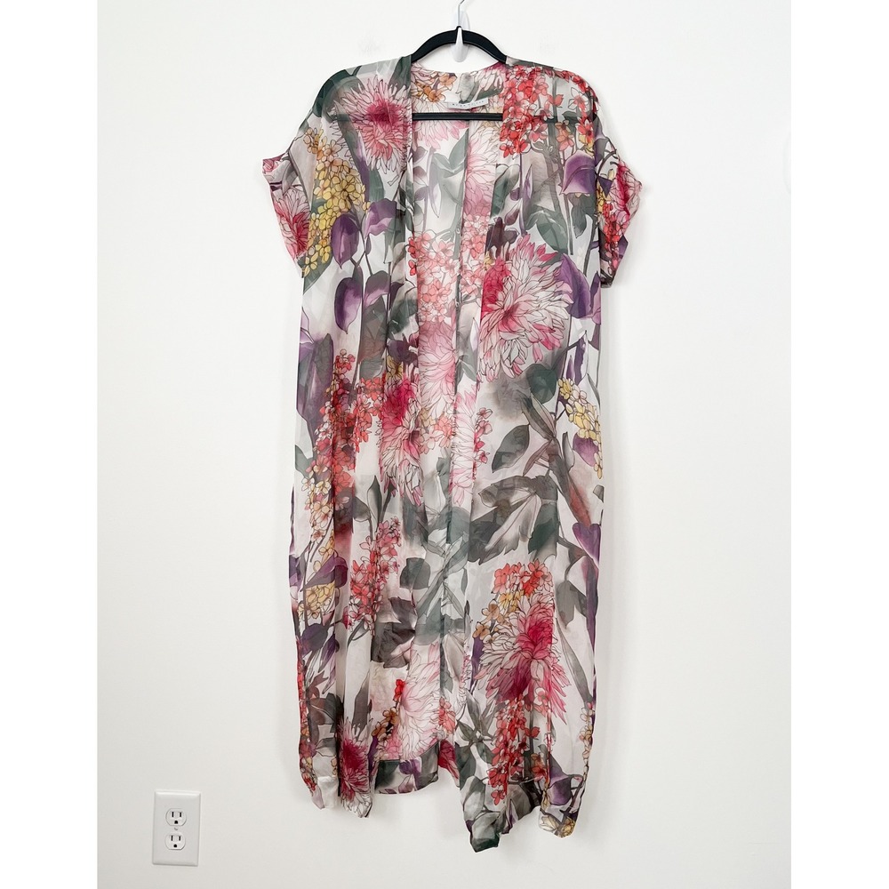 bryn Walker Silk Sheer Long Floral Open Front Cardigan Kimono Womens Small Flowy